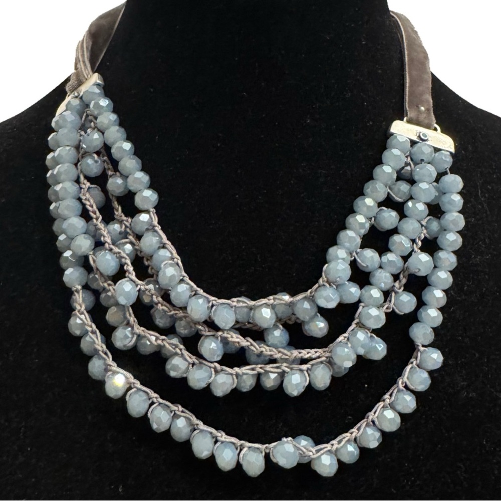 CHICO'S Beaded Multi Strand Necklace Blue Faceted Glass Beads Gray Velvet Ribbon